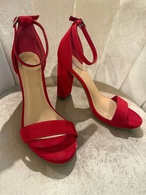 Red Ankle-Strap Block Heel Sandals for Women - Minor Flaw*